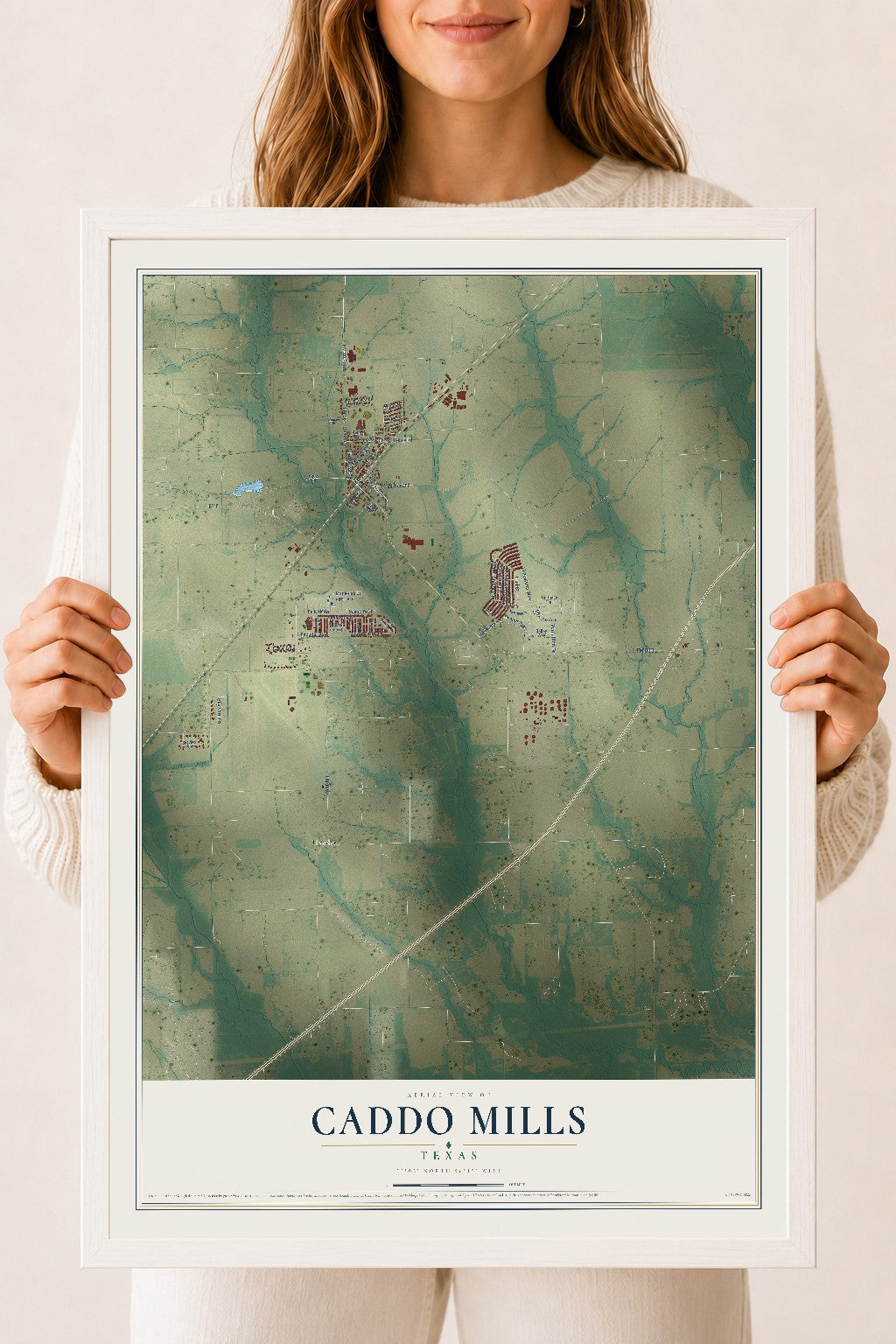 Map of Caddo Mills, Texas, 18 x 24 inch print in a white wood frame