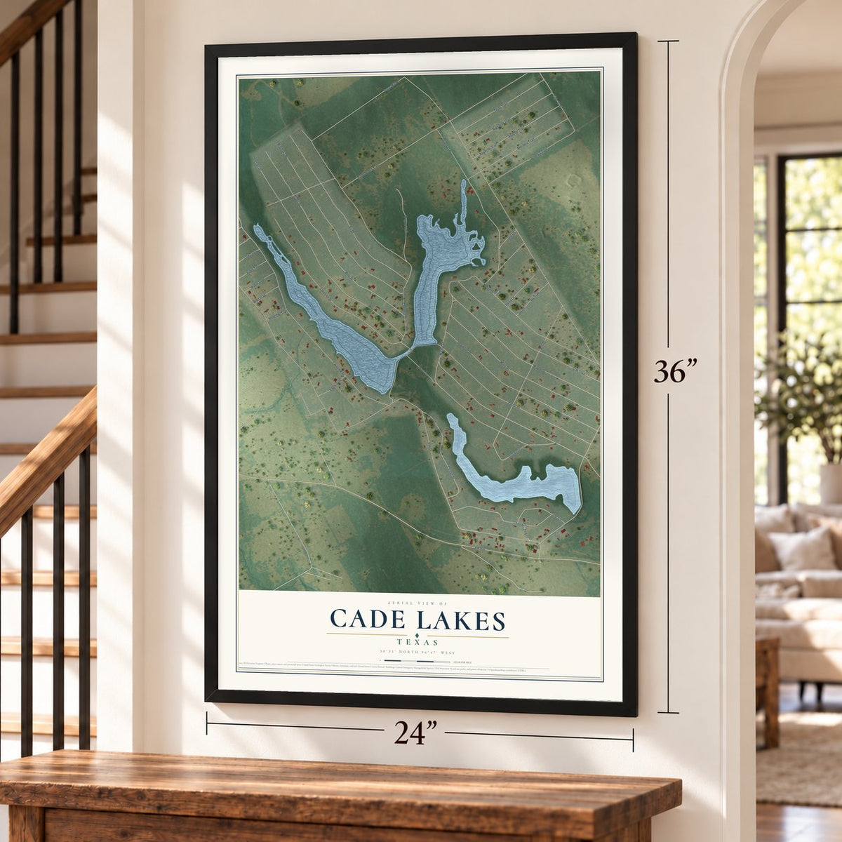 Cade Lakes, Texas map, 24 x 36 inch print in a black frame by a staircase
