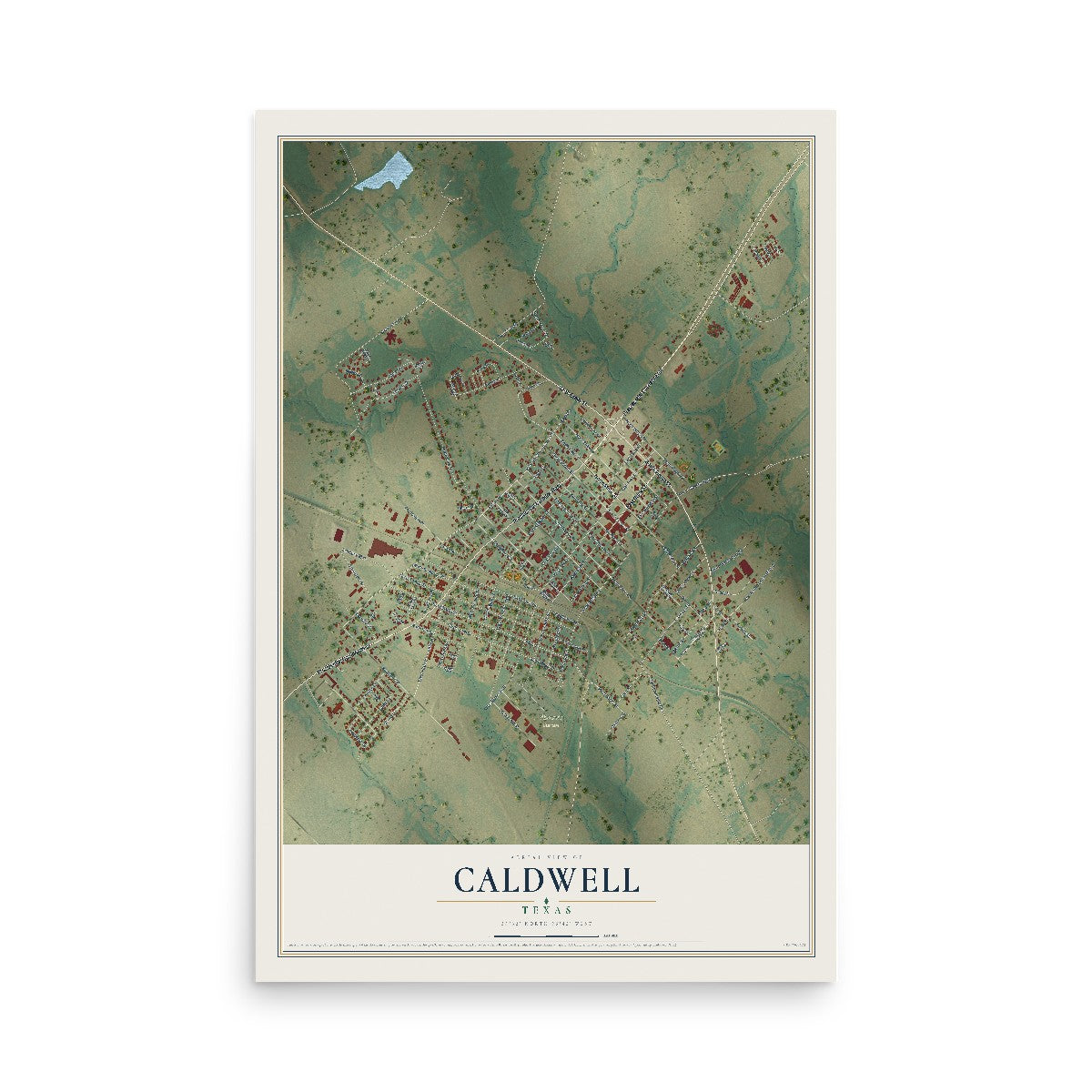 Map of Caldwell, Texas, 12 x 18 inch unframed archival matte print