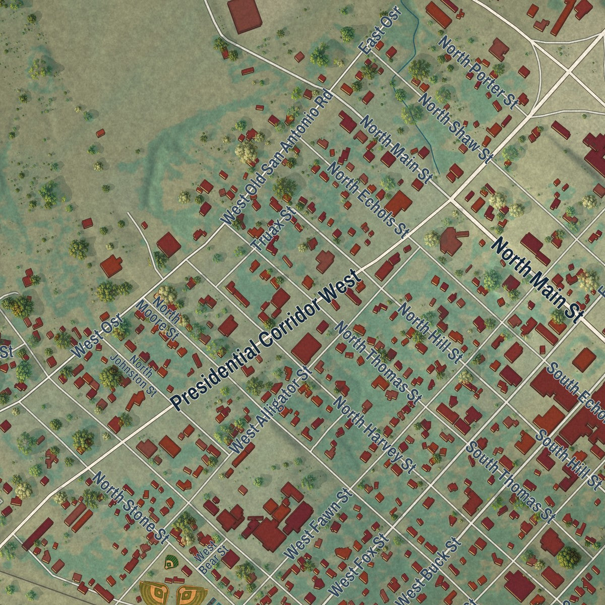 Close-up of the map of Caldwell, Texas print showing street and building detail