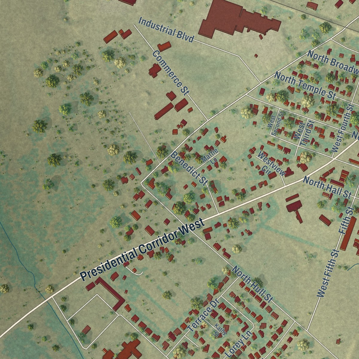 Second close-up of the map of Caldwell, Texas print showing more streets and buildings