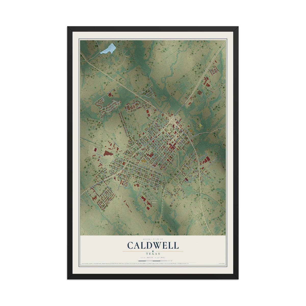 Map of Caldwell, Texas, 12 x 18 inch print in a black wood frame