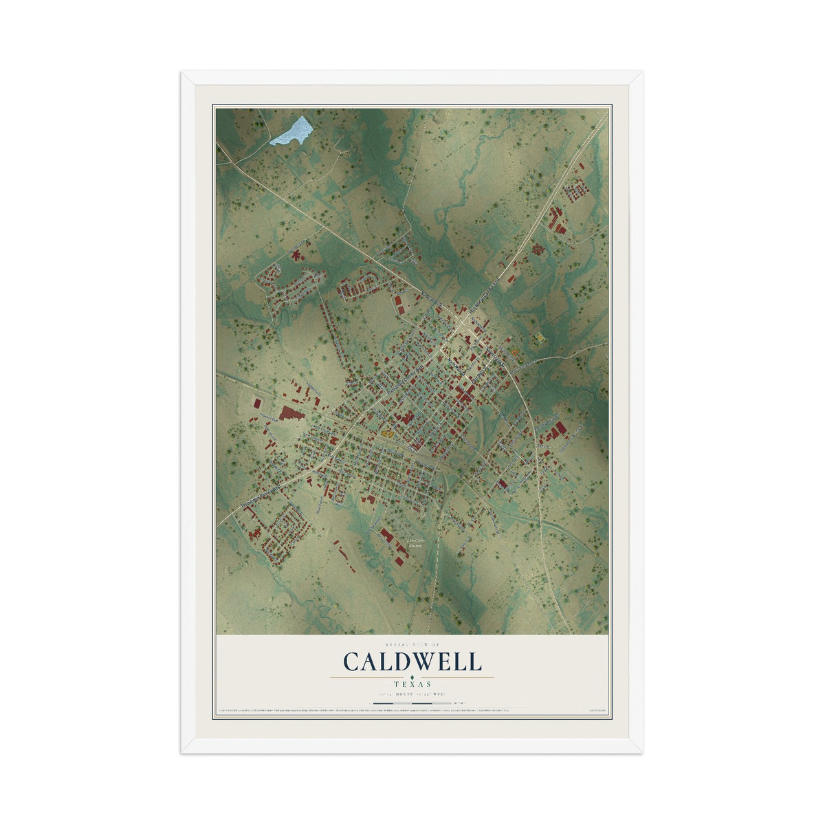 Map of Caldwell, Texas, 12 x 18 inch print in a white wood frame