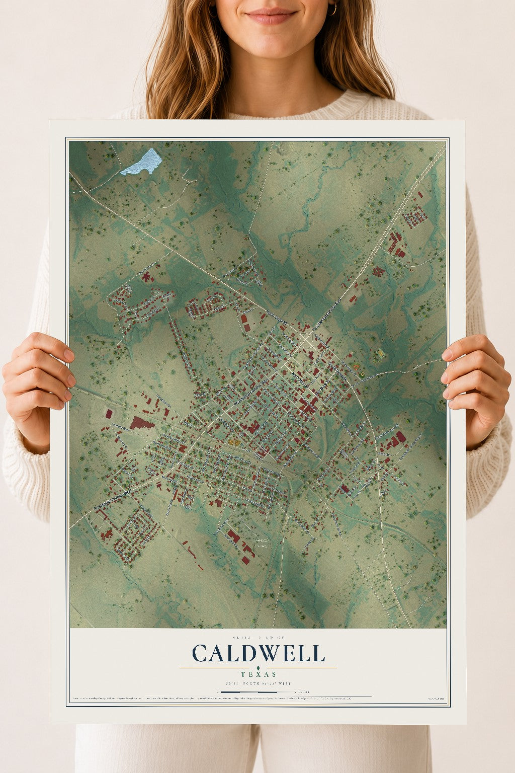 Map of Caldwell, Texas, 18 x 24 inch unframed archival matte print