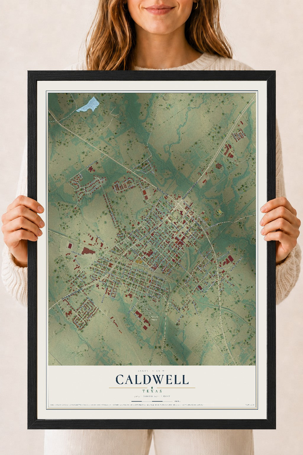 Map of Caldwell, Texas, 18 x 24 inch print in a black wood frame