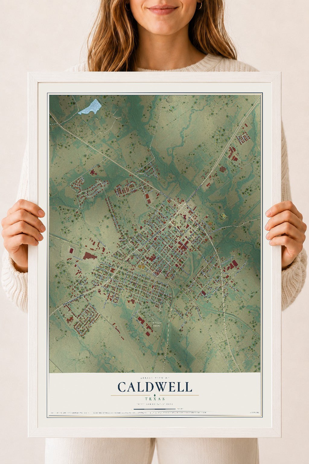 Map of Caldwell, Texas, 18 x 24 inch print in a white wood frame