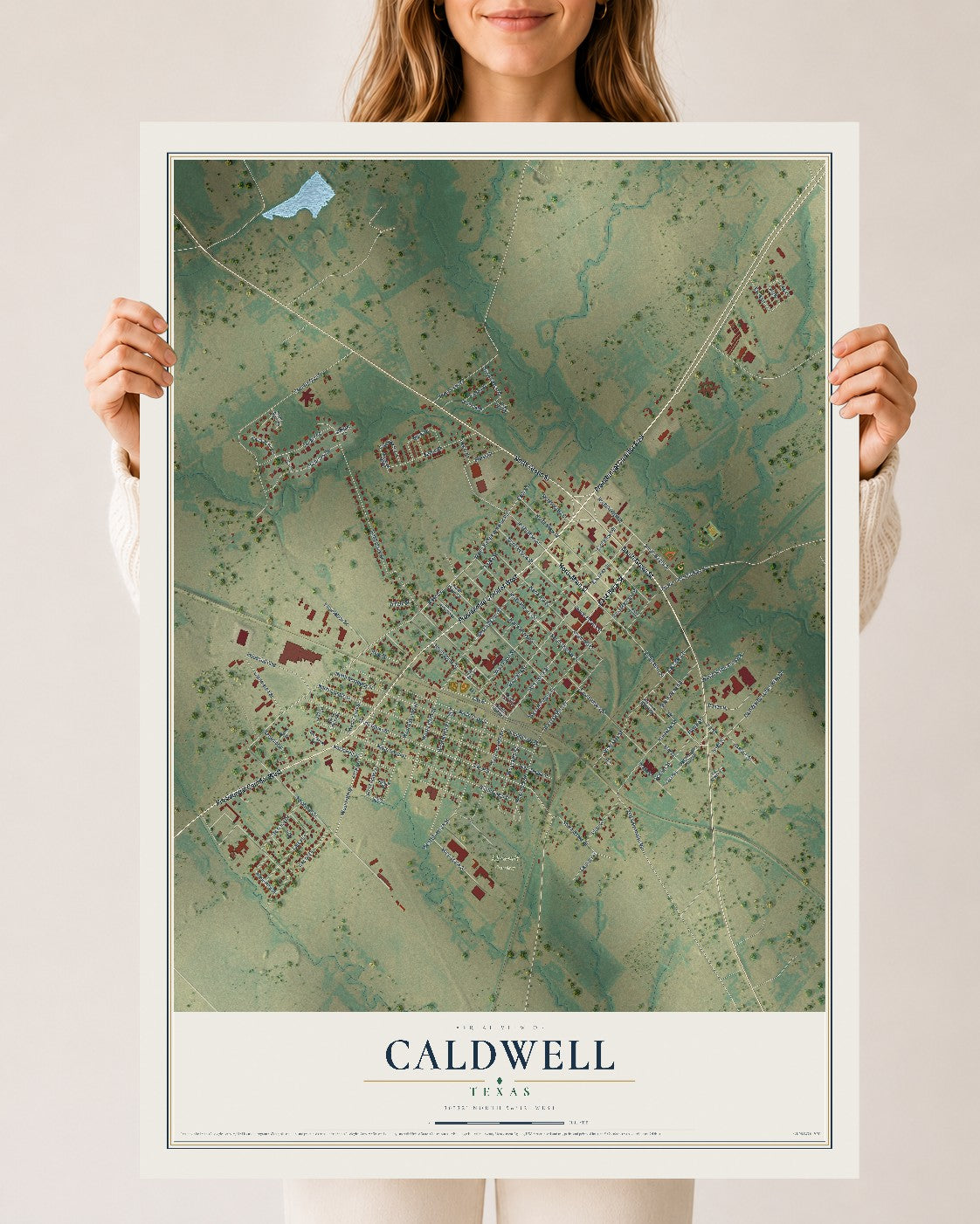 Map of Caldwell, Texas, 24 x 36 inch unframed archival matte print
