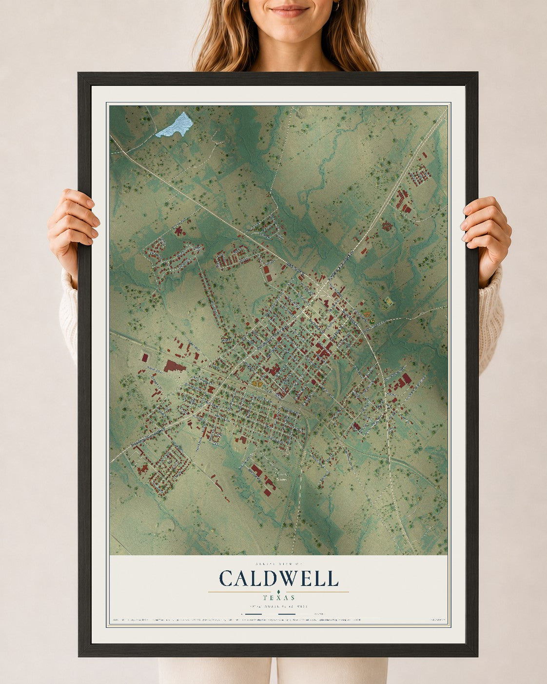 Map of Caldwell, Texas, 24 x 36 inch print in a black wood frame