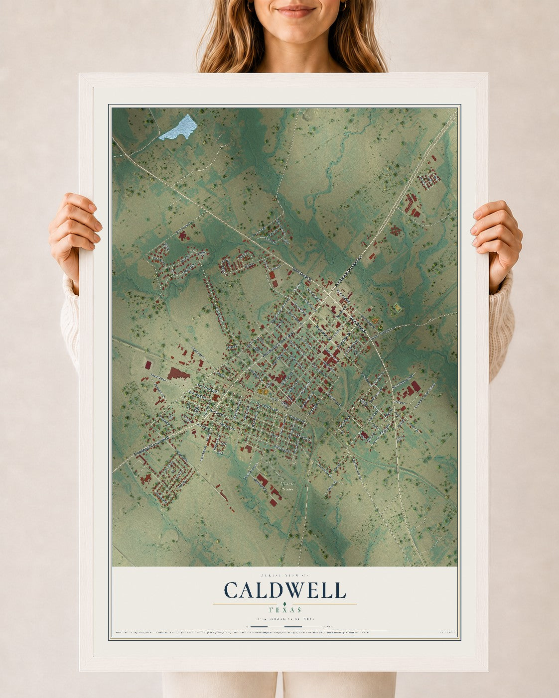 Map of Caldwell, Texas, 24 x 36 inch print in a white wood frame
