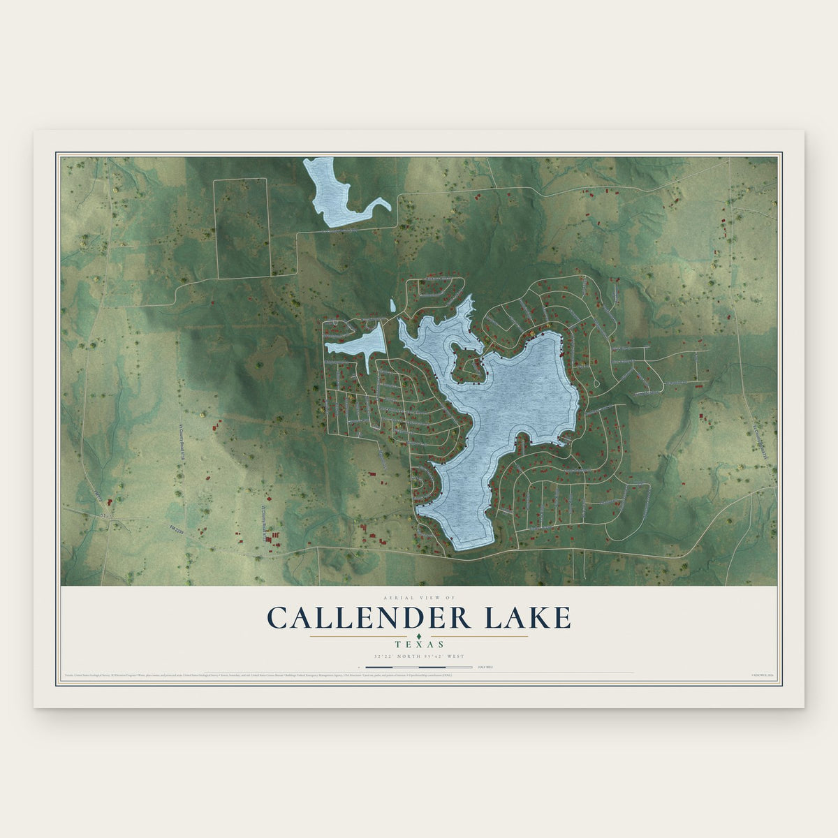 Callender Lake, Texas map print, the full design