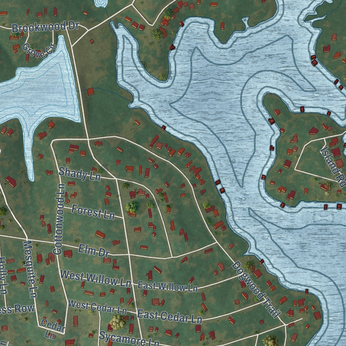 Close-up of the map of Callender Lake, Texas print showing street and building detail