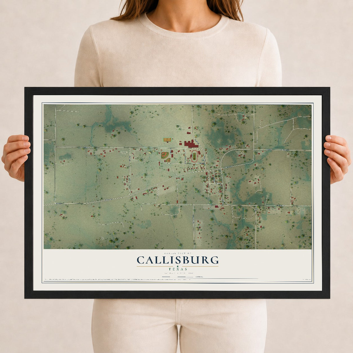 Map of Callisburg, Texas, 12 x 18 inch print in a black wood frame