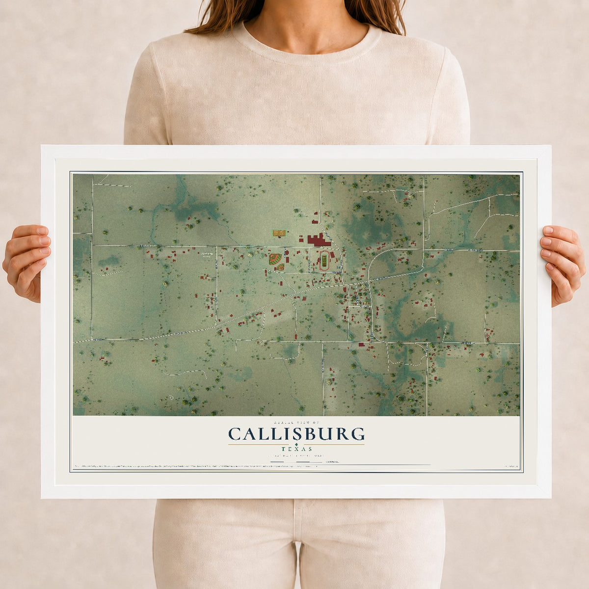 Map of Callisburg, Texas, 12 x 18 inch print in a white wood frame