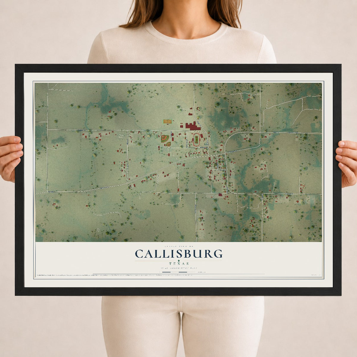 Map of Callisburg, Texas, 18 x 24 inch print in a black wood frame