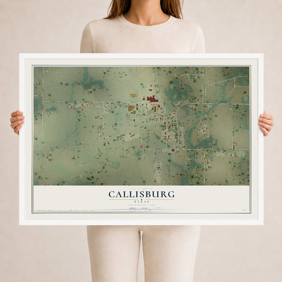 Map of Callisburg, Texas, 24 x 36 inch print in a white wood frame