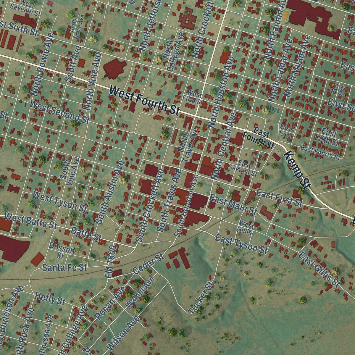 Close-up of the map of Cameron, Texas print showing street and building detail