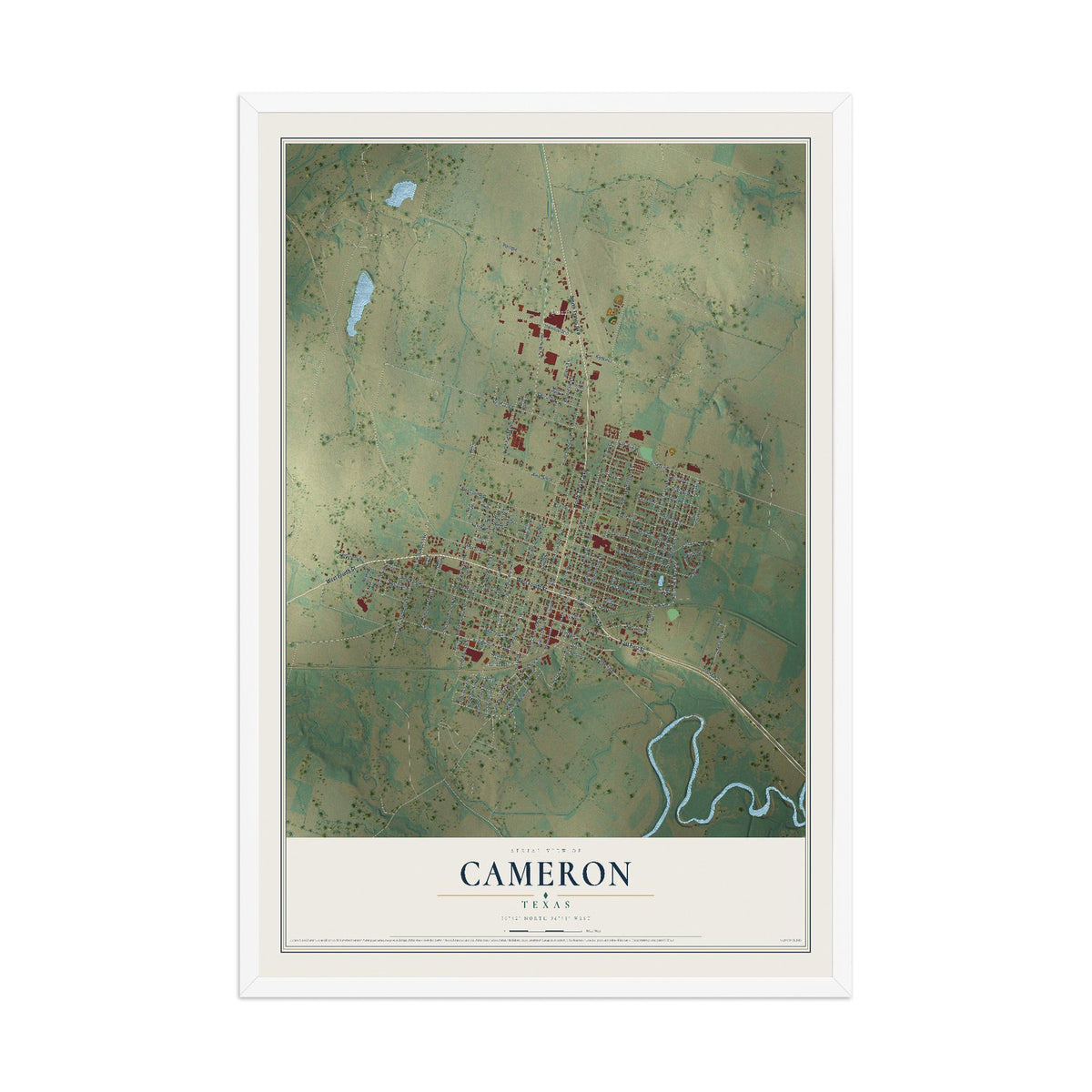 Map of Cameron, Texas, 12 x 18 inch print in a white wood frame