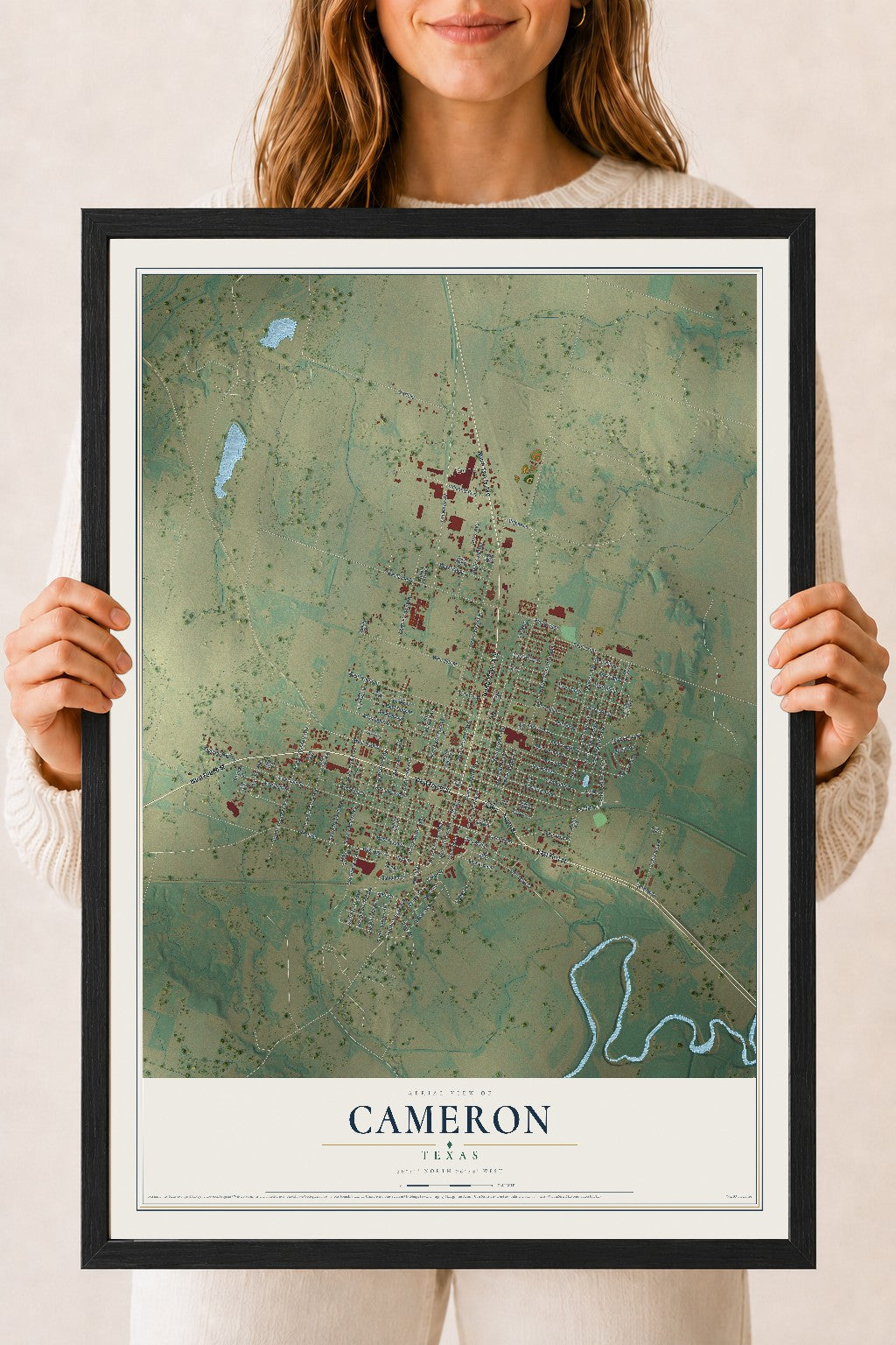 Map of Cameron, Texas, 18 x 24 inch print in a black wood frame