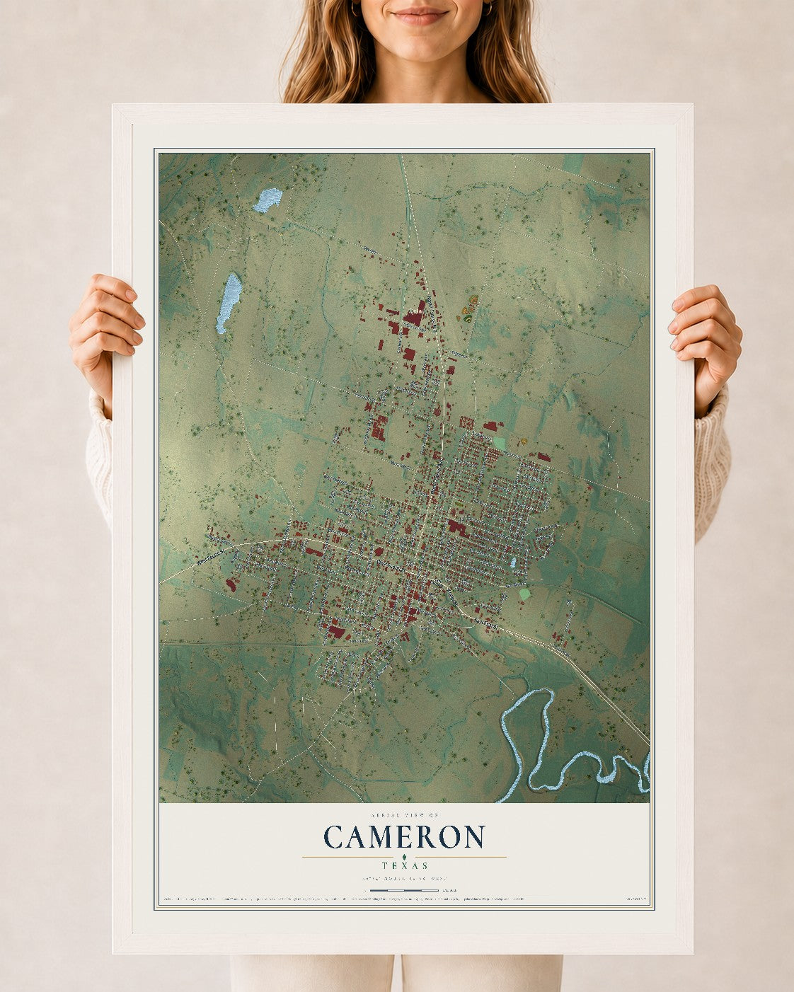 Map of Cameron, Texas, 24 x 36 inch print in a white wood frame