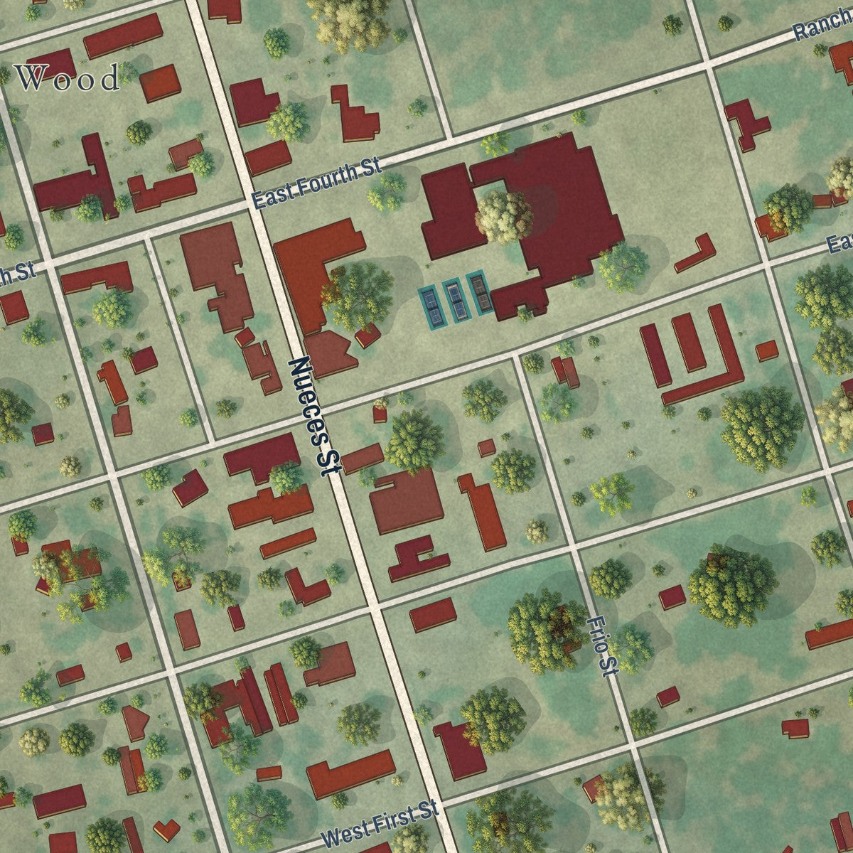 Close-up of the map of Camp Wood, Texas print showing street and building detail