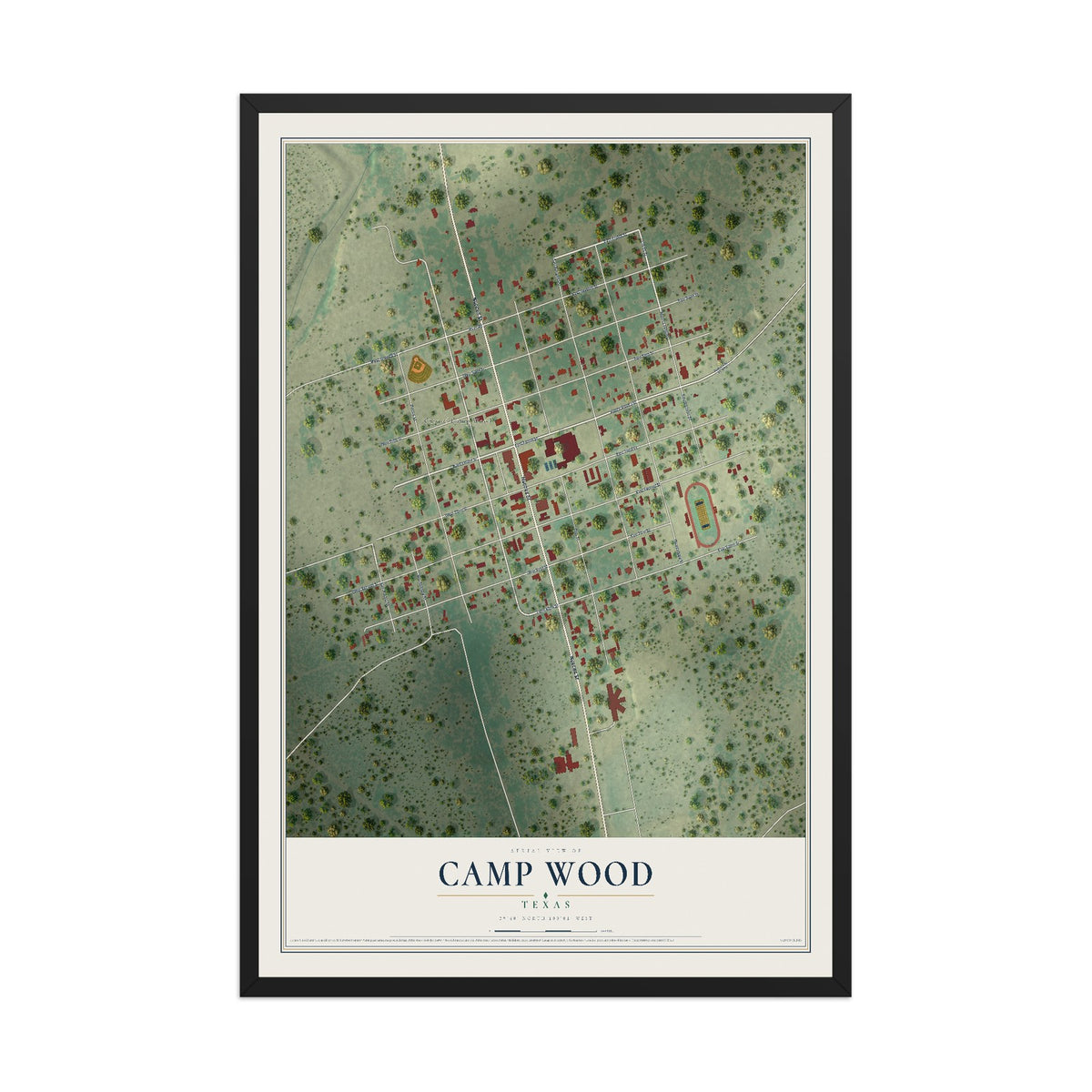 Map of Camp Wood, Texas, 12 x 18 inch print in a black wood frame