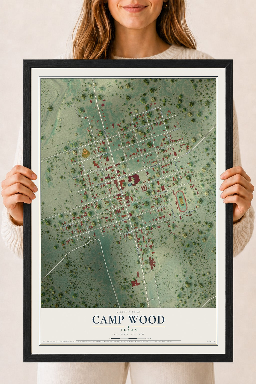 Map of Camp Wood, Texas, 18 x 24 inch print in a black wood frame