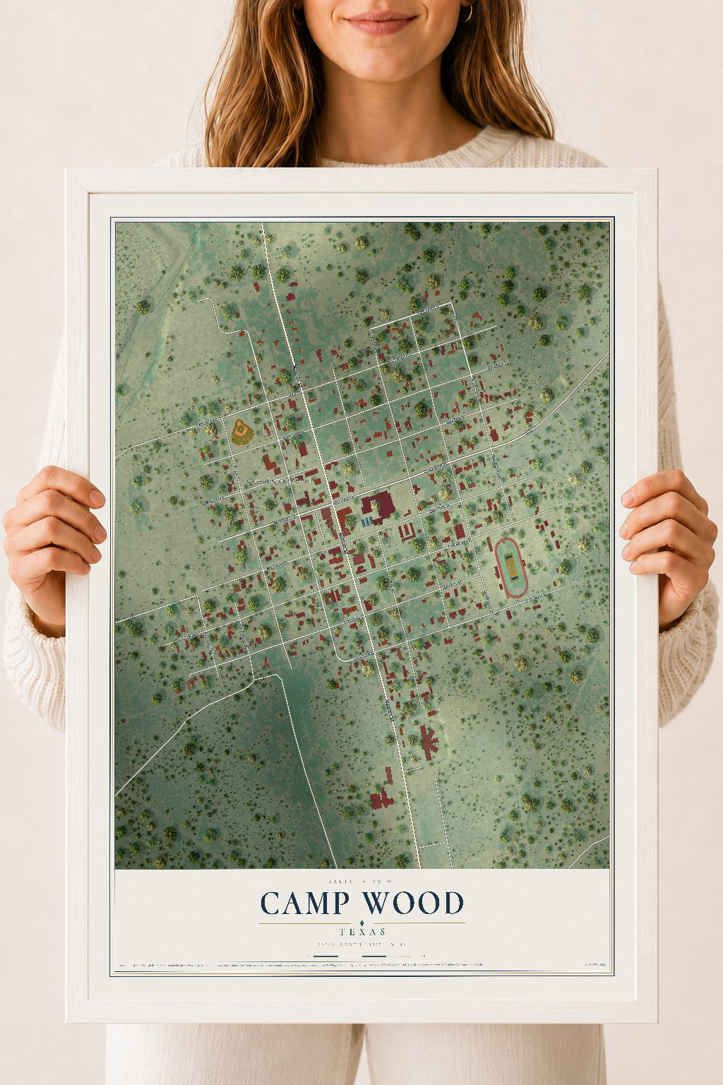 Map of Camp Wood, Texas, 18 x 24 inch print in a white wood frame