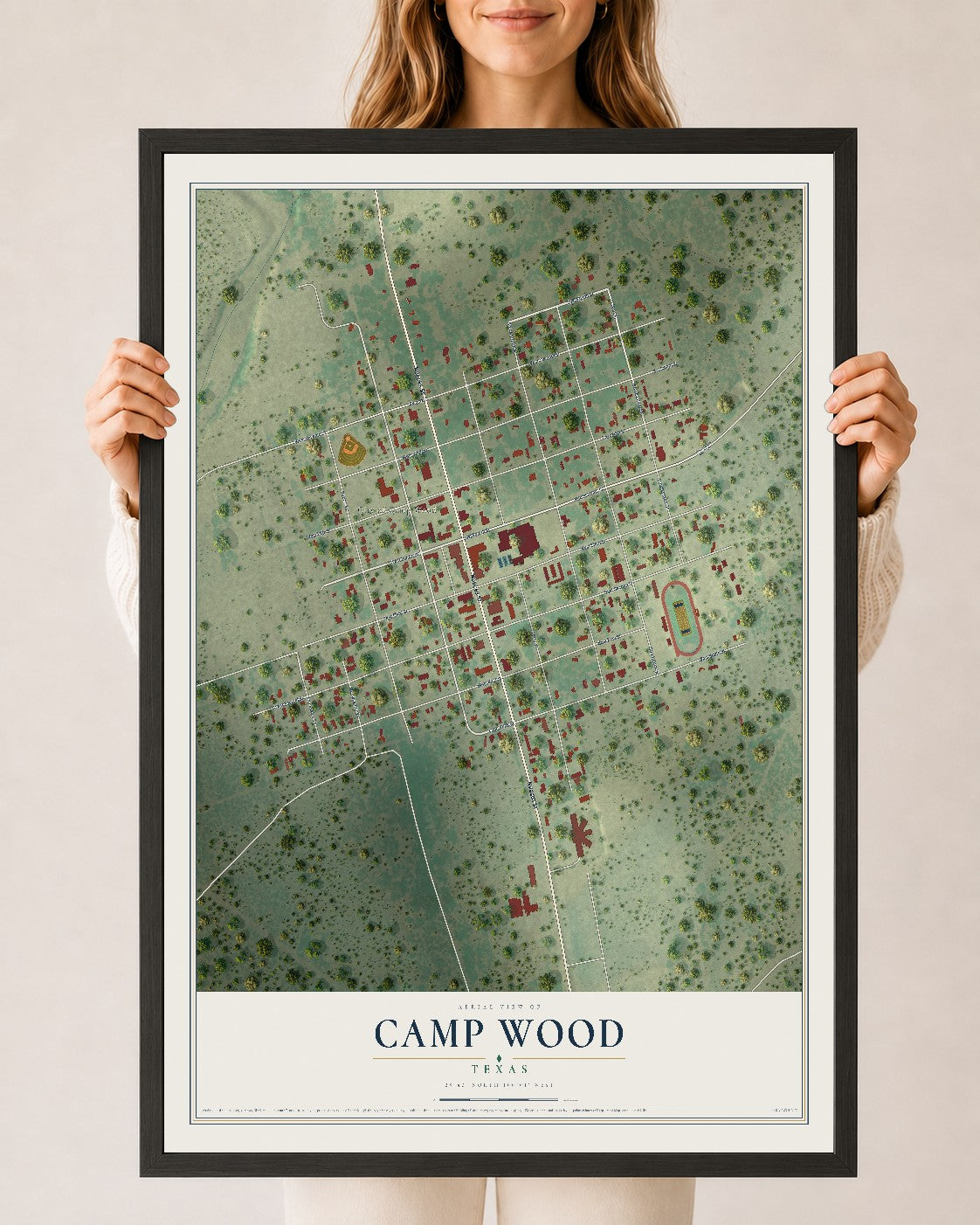 Map of Camp Wood, Texas, 24 x 36 inch print in a black wood frame