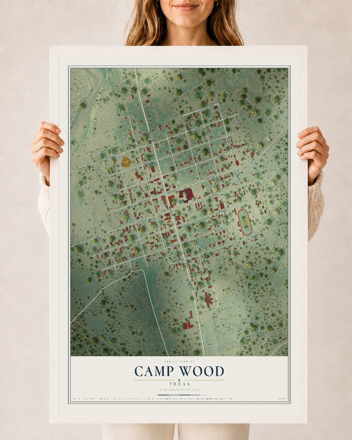 Map of Camp Wood, Texas, 24 x 36 inch print in a white wood frame