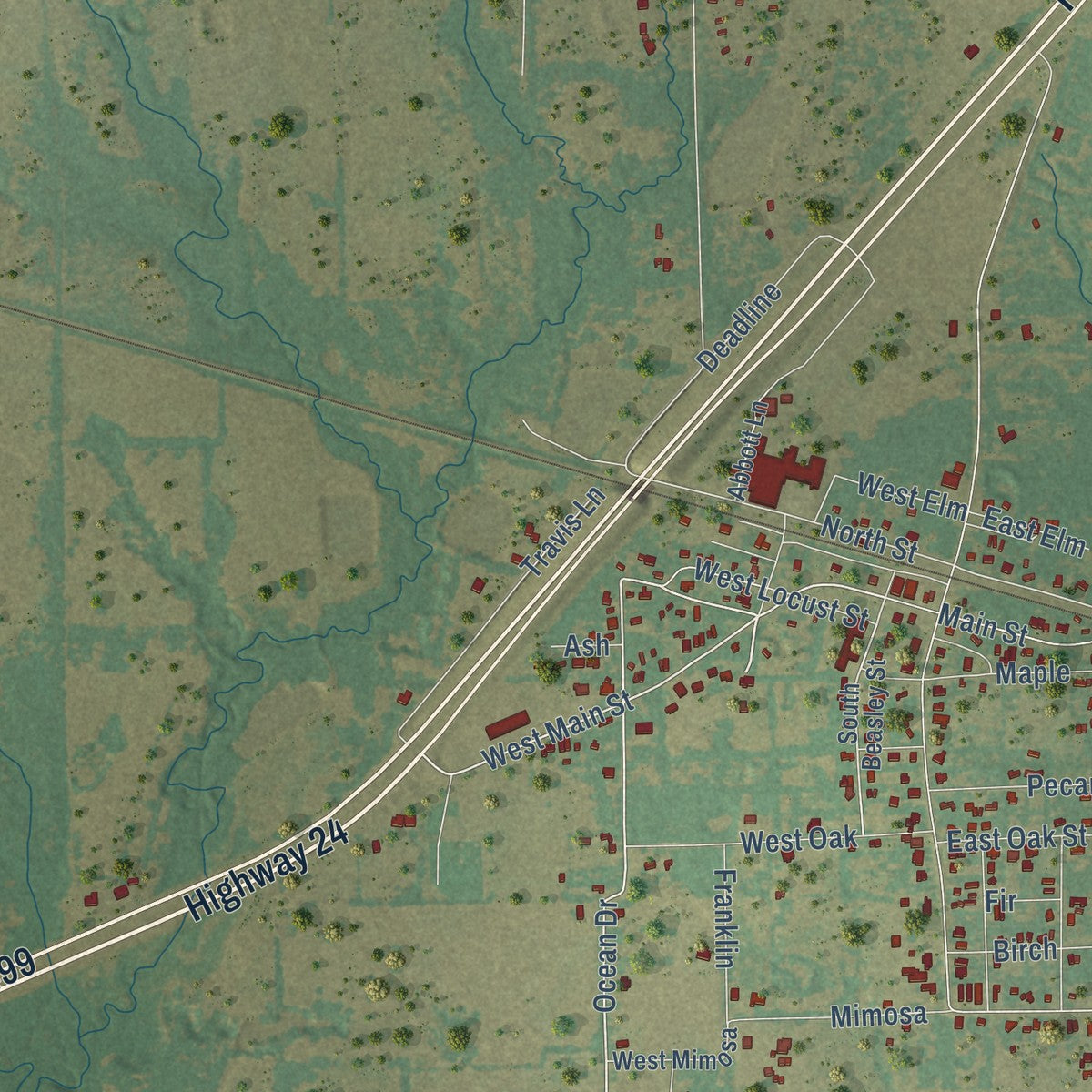 Close-up of the map of Campbell, Texas print showing street and building detail