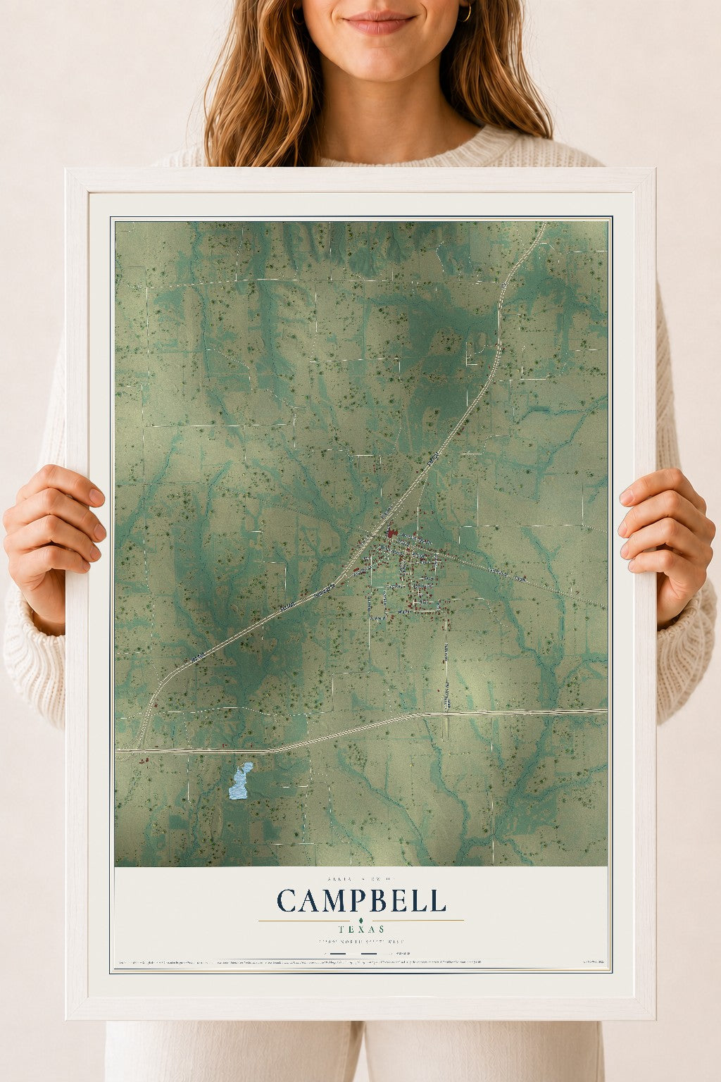 Map of Campbell, Texas, 18 x 24 inch print in a white wood frame