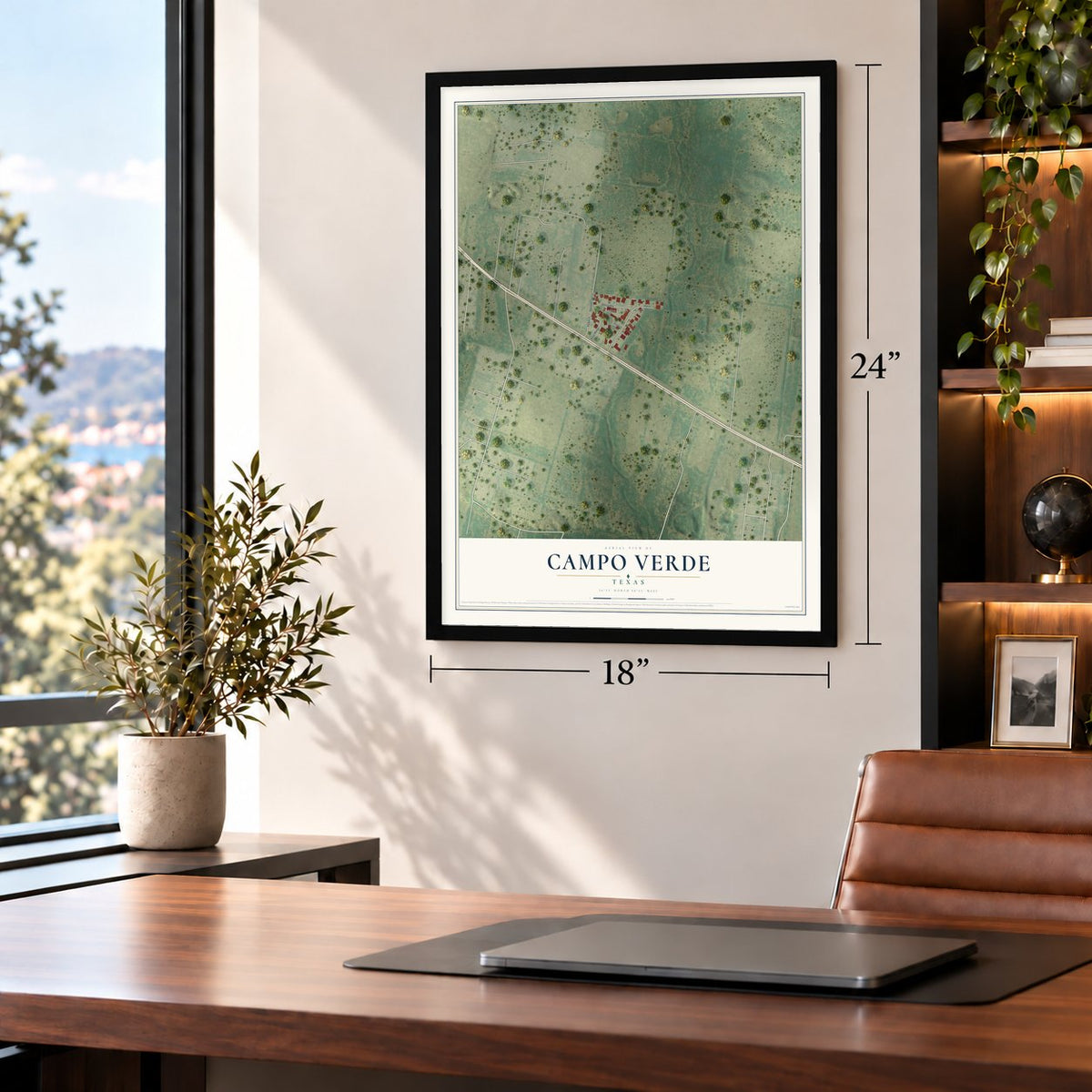 Campo Verde, Texas map, 18 x 24 inch print in a black frame in a home office