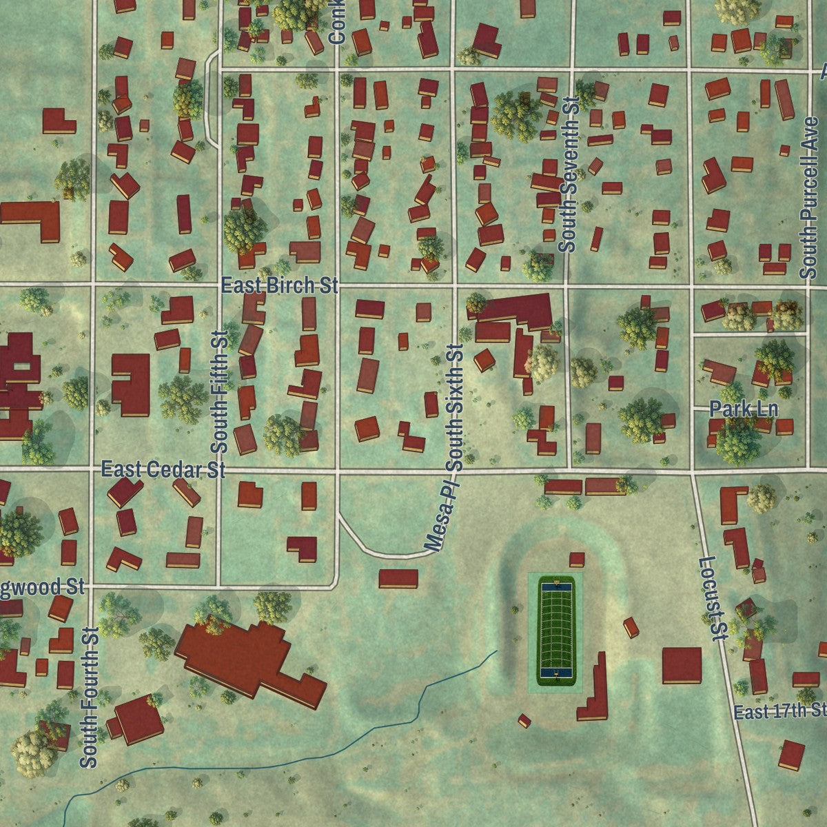 Second close-up of the map of Canadian, Texas print showing more streets and buildings