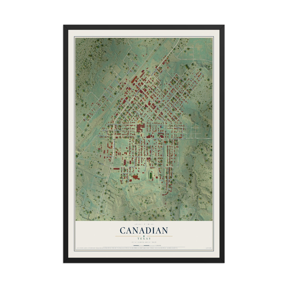 Map of Canadian, Texas, 12 x 18 inch print in a black wood frame