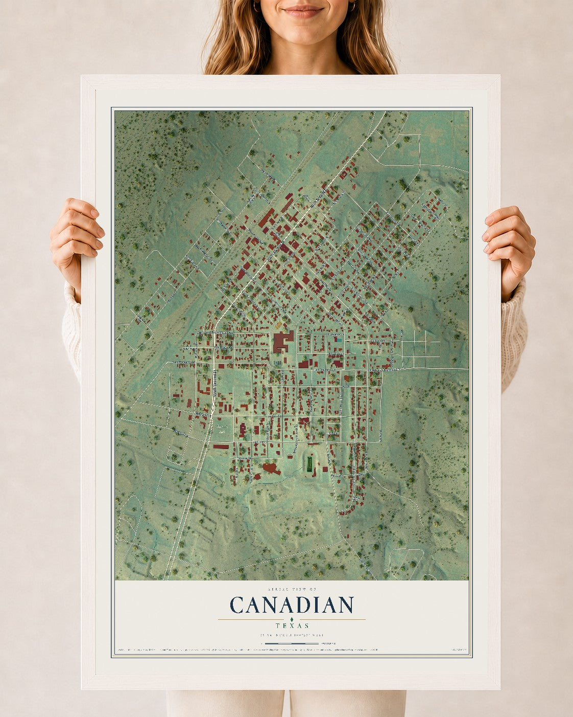 Map of Canadian, Texas, 24 x 36 inch print in a white wood frame