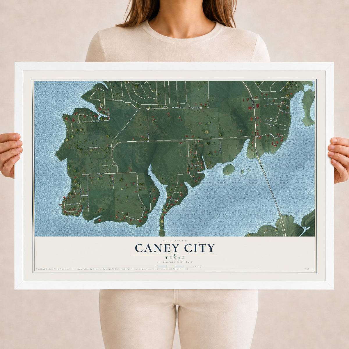 Map of Caney City, Texas, 18 x 24 inch print in a white wood frame