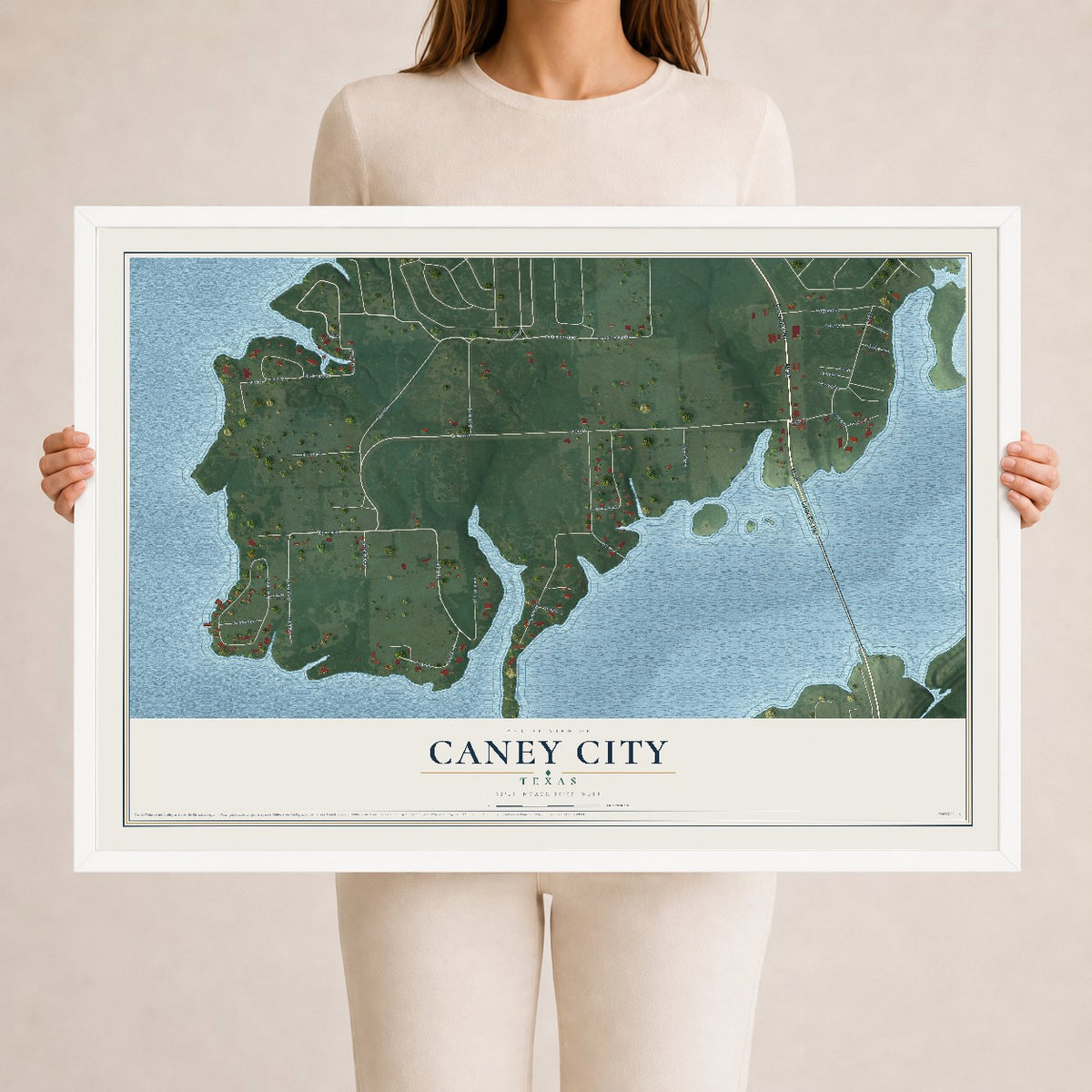 Map of Caney City, Texas, 24 x 36 inch print in a white wood frame