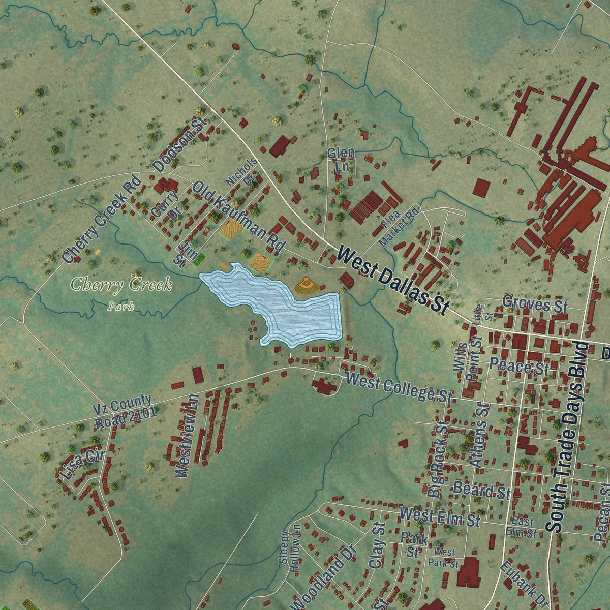 Close-up of the map of Canton, Texas print showing street and building detail