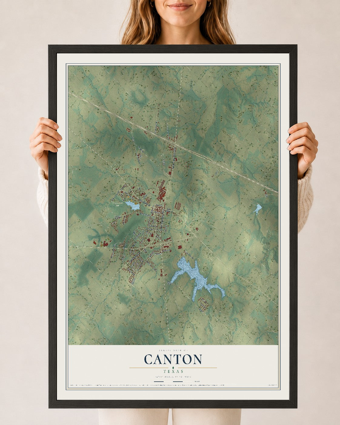 Map of Canton, Texas, 24 x 36 inch print in a black wood frame