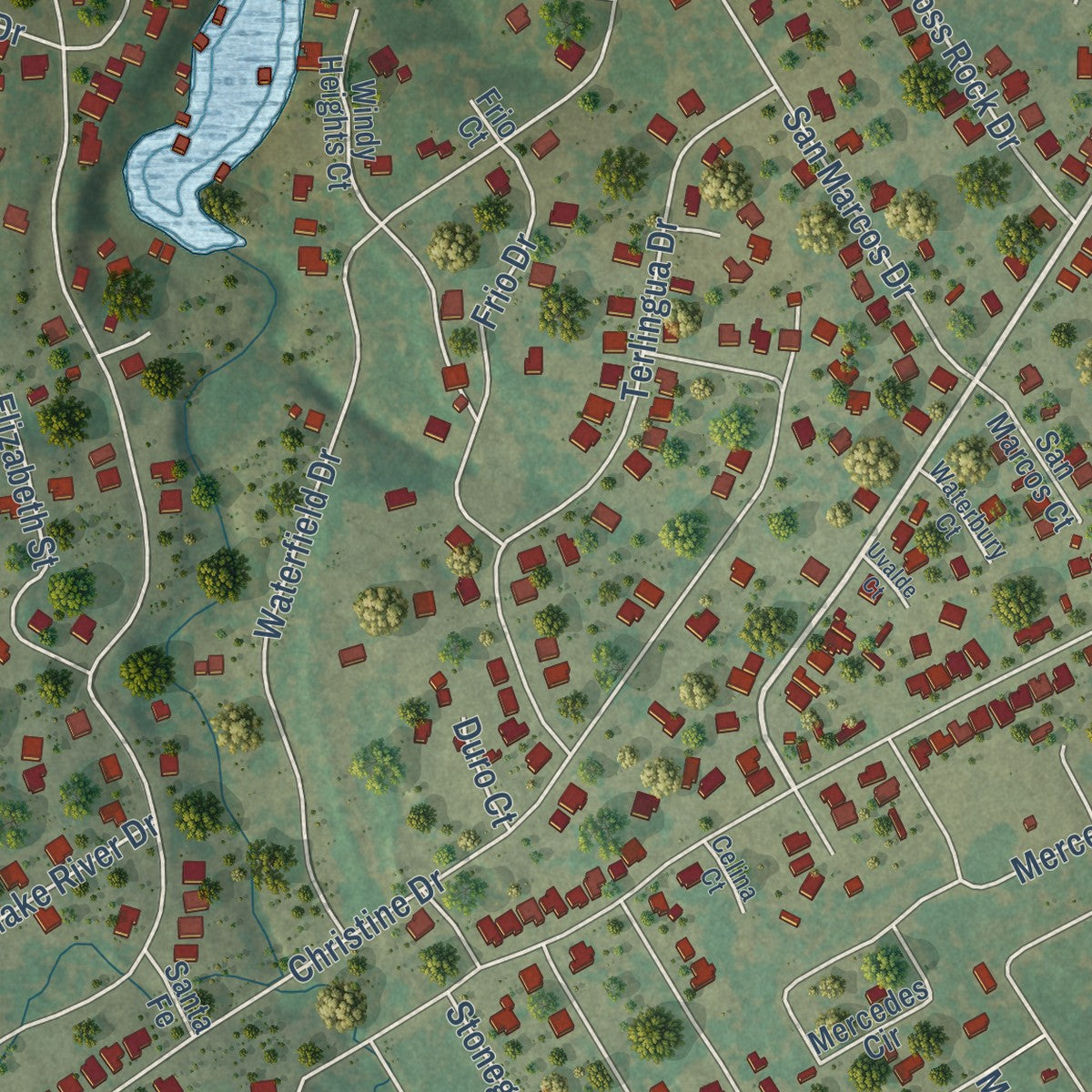 Close-up of the map of Canyon Creek, Texas print showing street and building detail