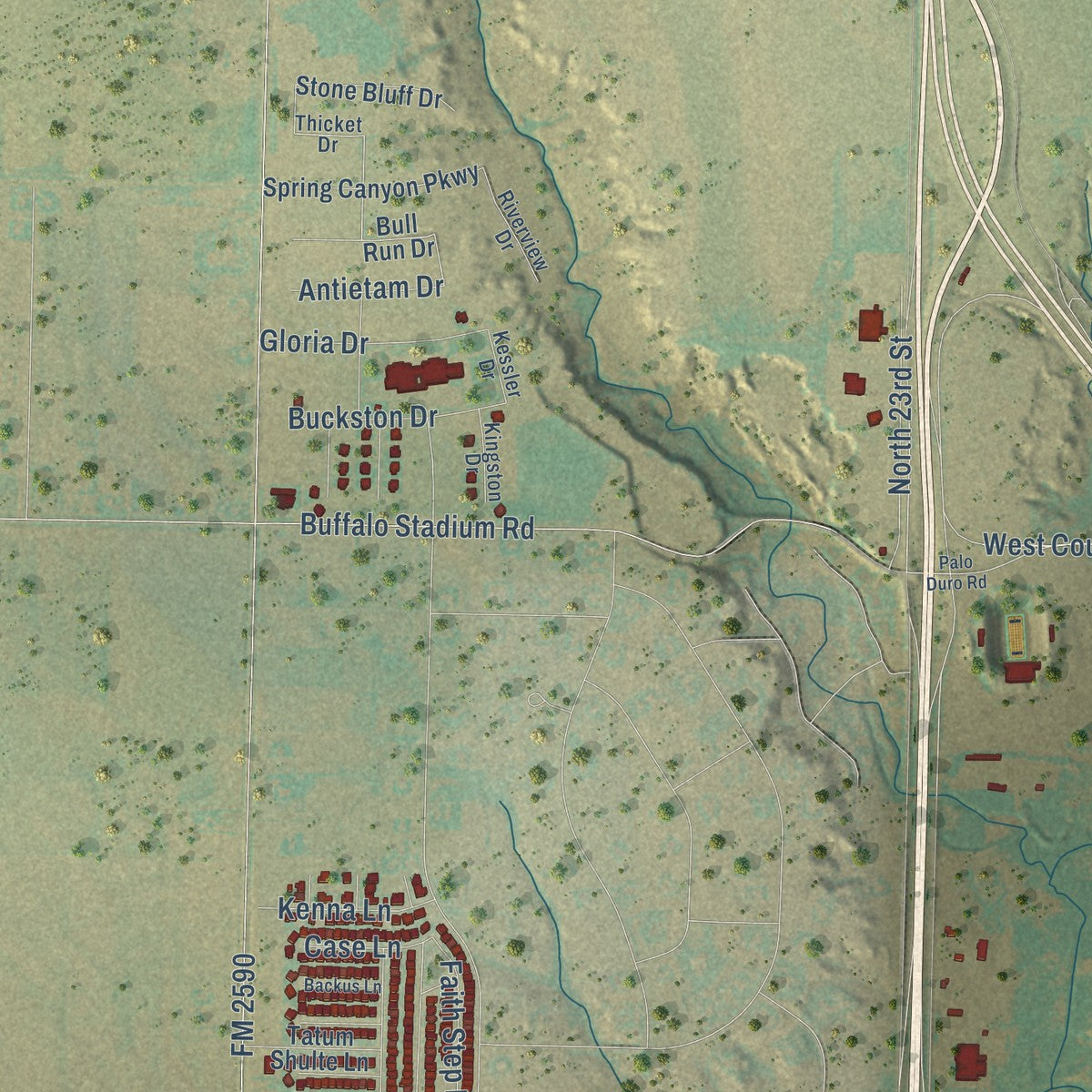 Second close-up of the map of Canyon, Texas print showing more streets and buildings