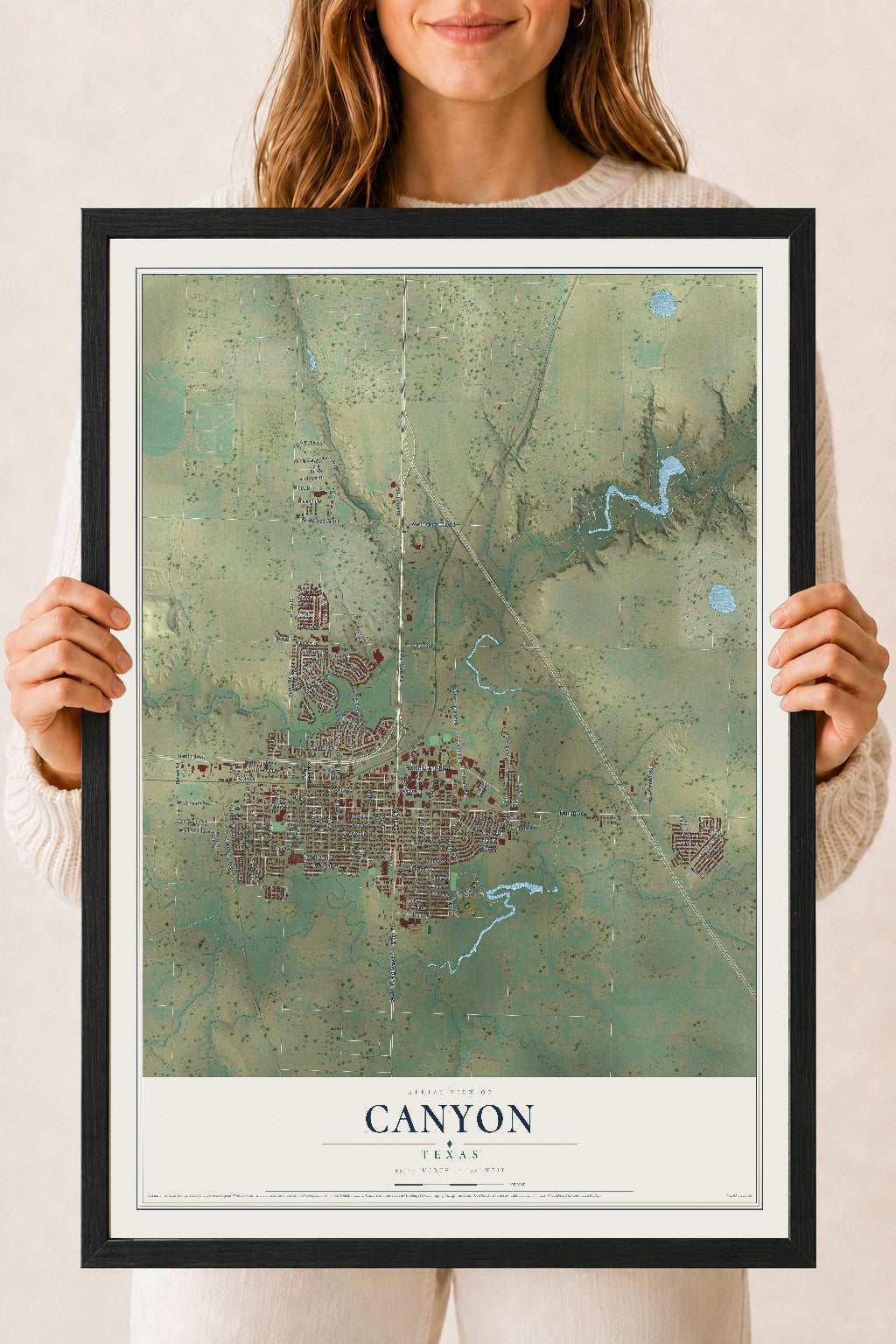 Map of Canyon, Texas, 18 x 24 inch print in a black wood frame