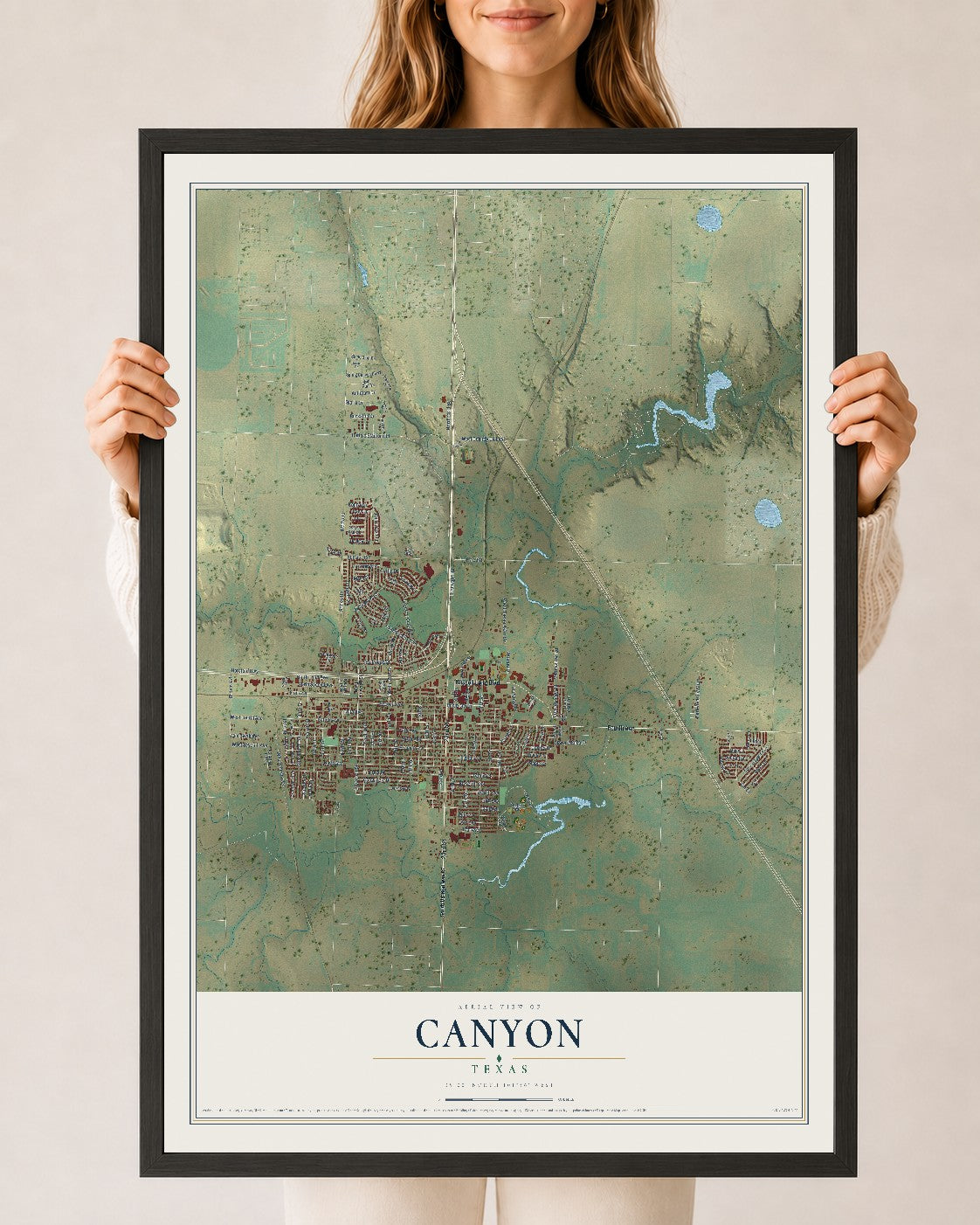 Map of Canyon, Texas, 24 x 36 inch print in a black wood frame