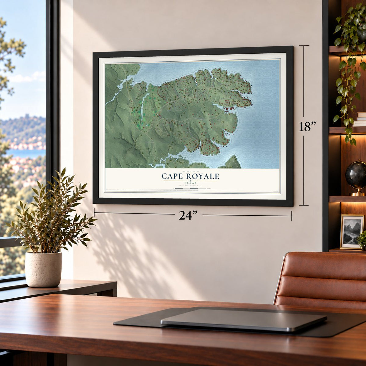 Cape Royale, Texas map, 18 x 24 inch print in a black frame in a home office