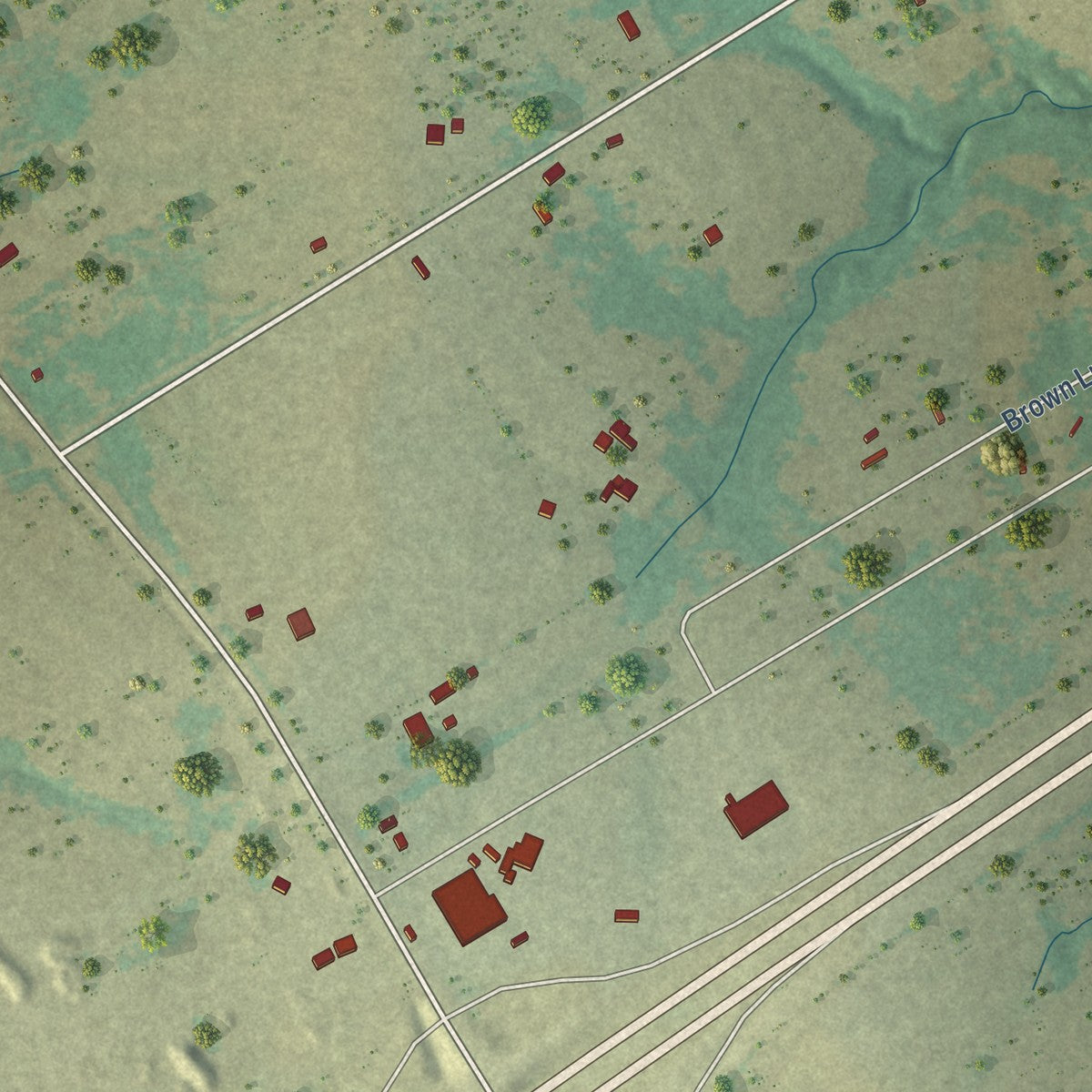 Second close-up of the map of Carl's Corner, Texas print showing more streets and buildings