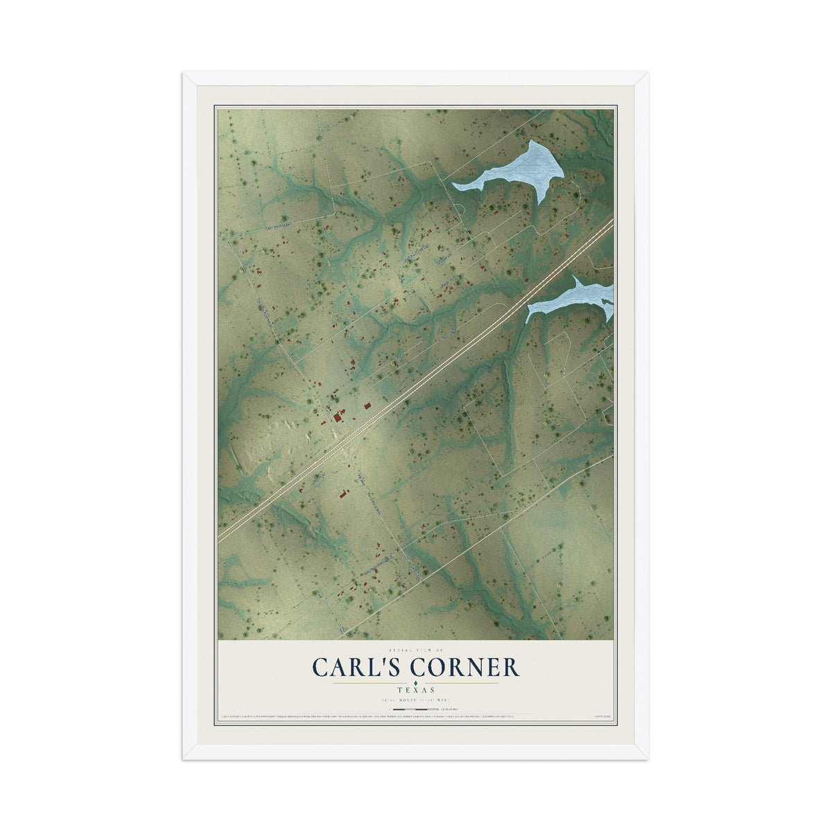 Map of Carl's Corner, Texas, 12 x 18 inch print in a white wood frame