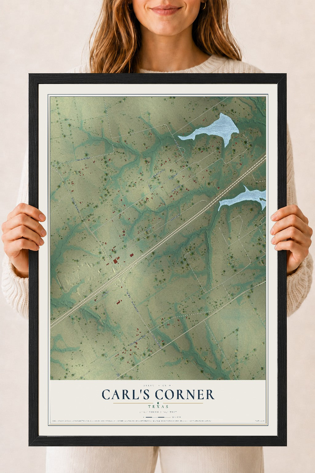 Map of Carl's Corner, Texas, 18 x 24 inch print in a black wood frame