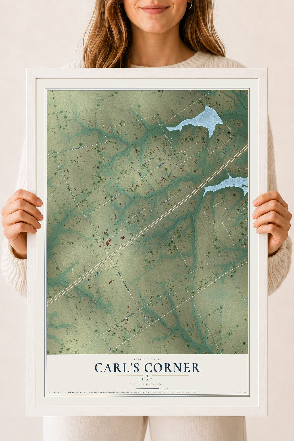 Map of Carl's Corner, Texas, 18 x 24 inch print in a white wood frame