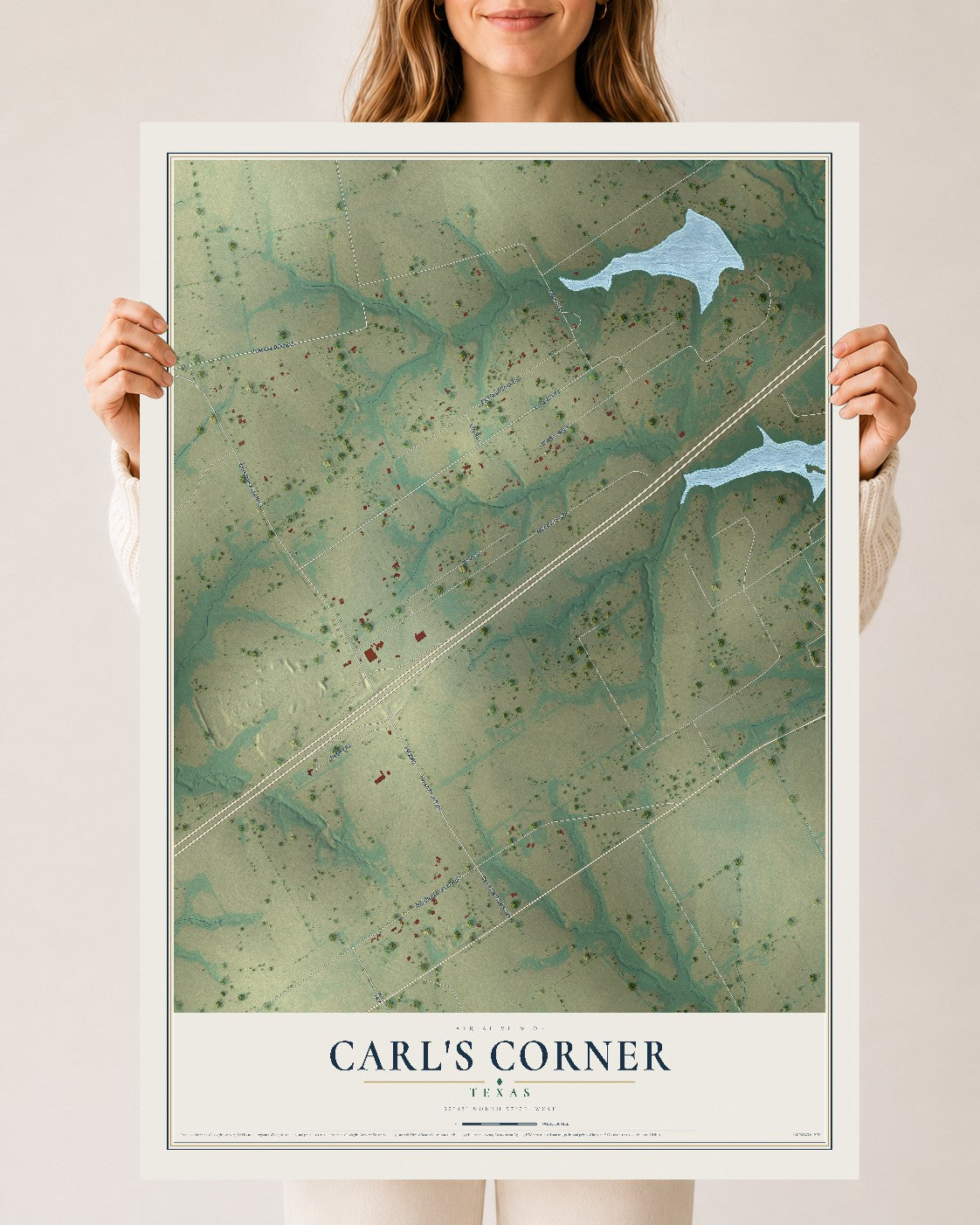 Map of Carl's Corner, Texas, 24 x 36 inch unframed archival matte print