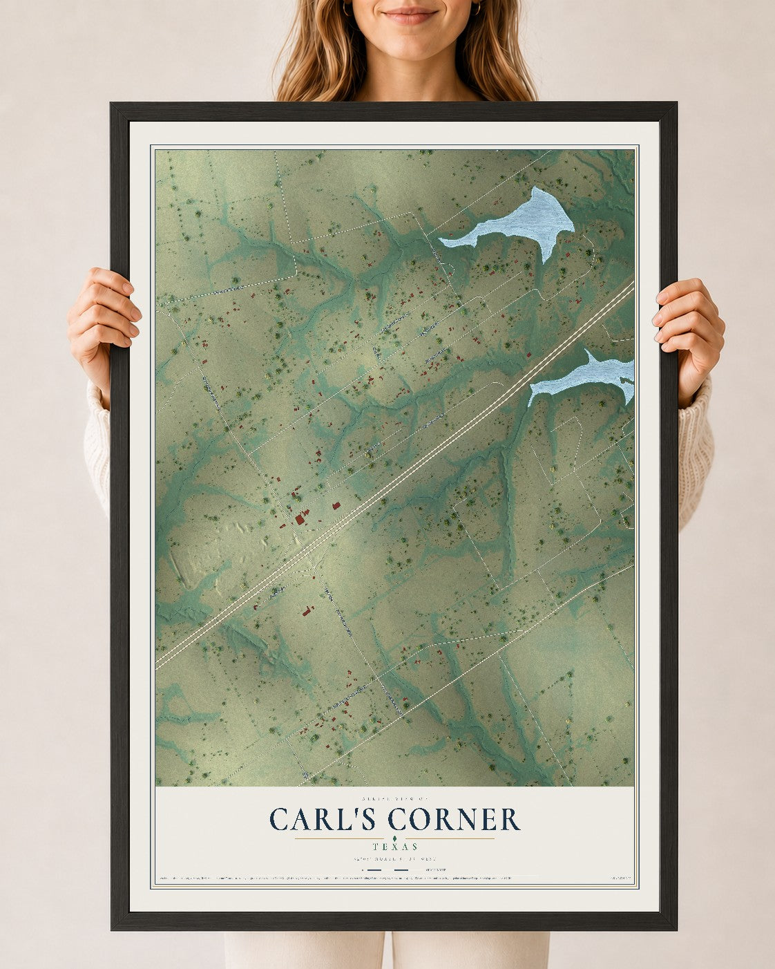 Map of Carl's Corner, Texas, 24 x 36 inch print in a black wood frame